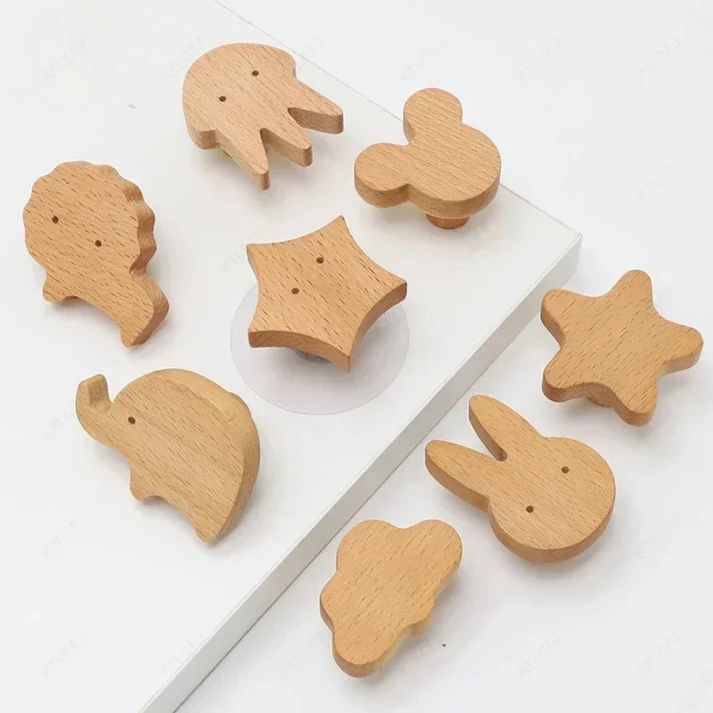 Cute Animal Wood Knobs Children Safty Decoration Handles Kitchen Cabinet Furniture Handle Beech Wood Single Hole Handles