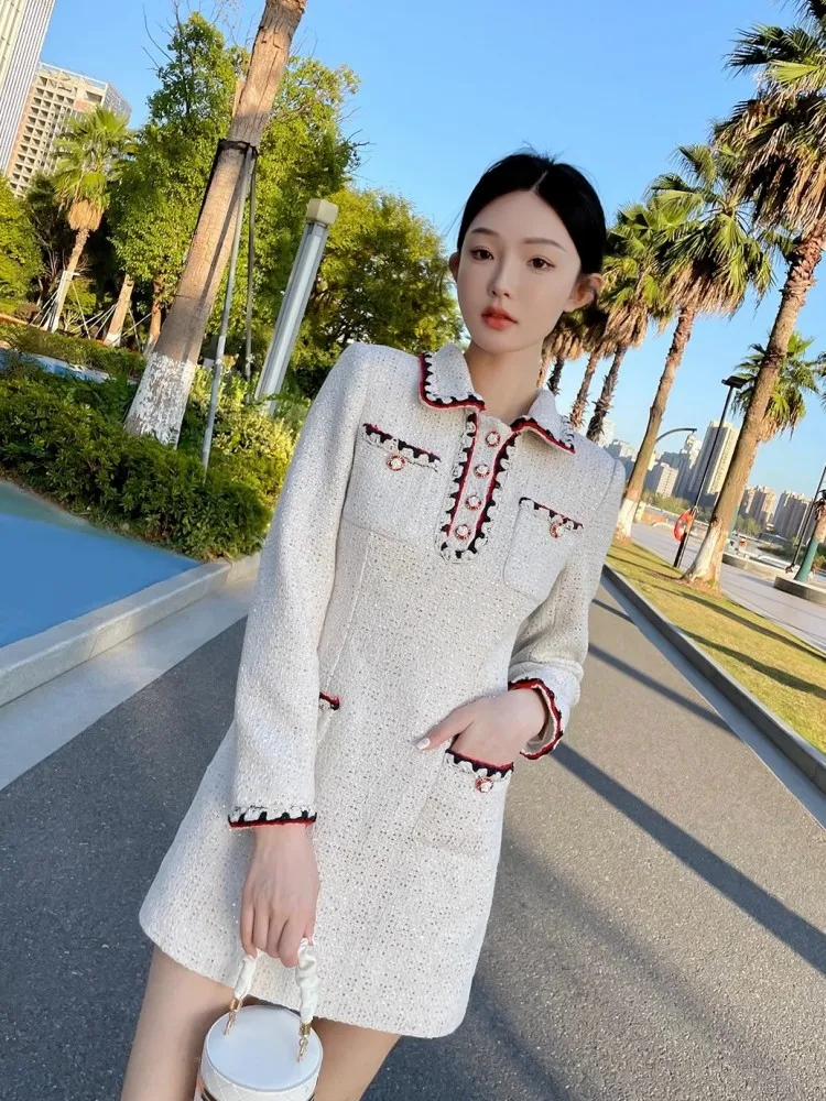 Office Ladies Slim Fit Elegant Tweed Dress Long Sleeve Spring Autumn Short A-Line Dresses Lapel High Waist Women Fashion Dress