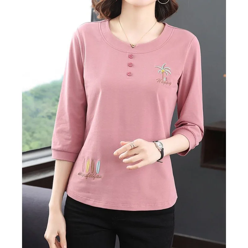 Casual Simplicity Solid Color 3/4 Sleeve Tops Fashion Women\'s Clothing All-match Commute O-Neck Embroidery Patchwork T-shirt