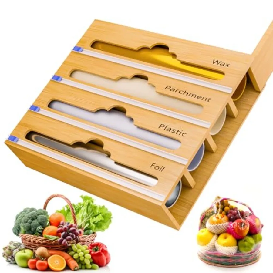 

Bamboo Aluminum Foil Organizer and Plastic Wrap Dispenser with Cutter - 4 in 1 Parchment, Wax Paper and Saran Wrap Holder - Tin