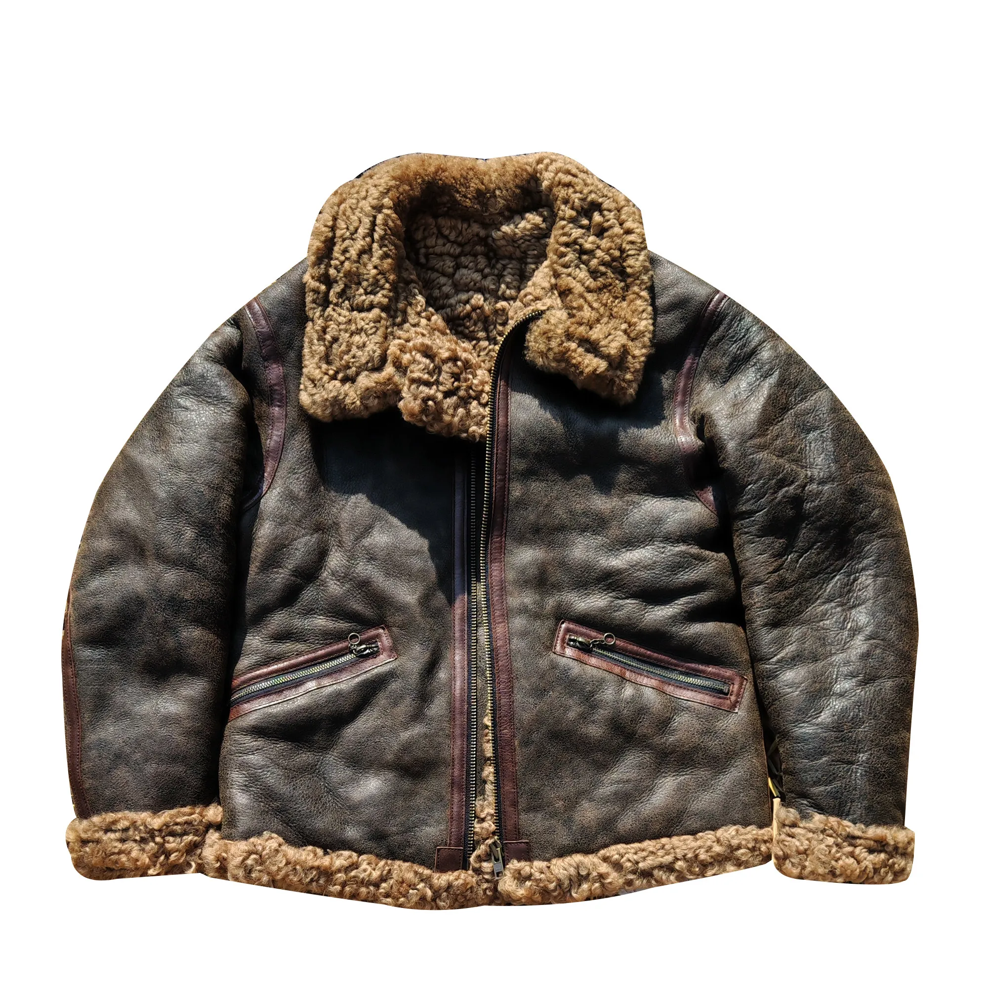 Picture 3: Dark Brown Winter Shearling Jacket Men Retro Vintage Style Plus Size 6XL Genuine Natural Thick Sheepskin Military Flight Coat