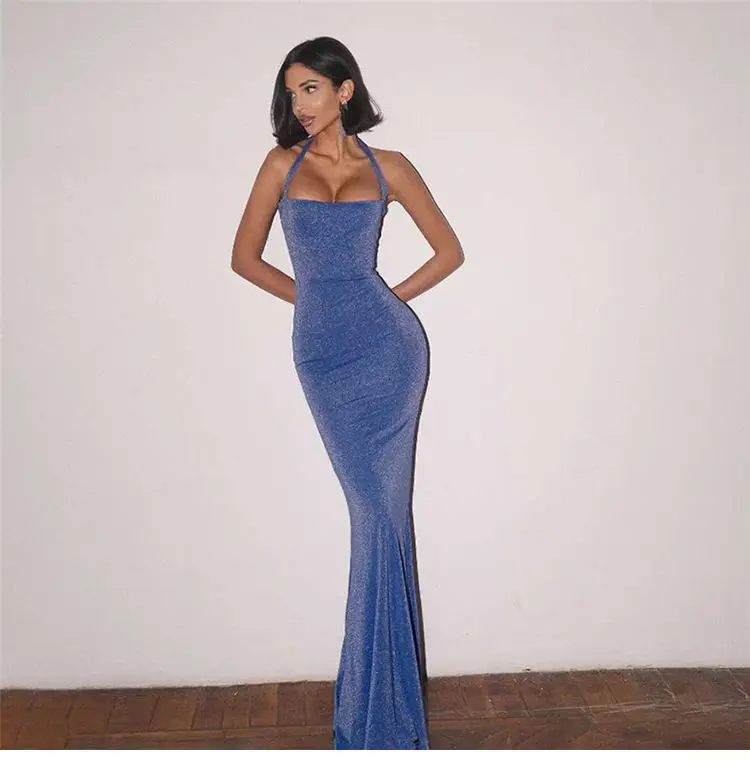 

Shiny Blue Evening Dress Sexy Halter Sleeveless Backless Lace Up Back Formal Birthday Sheath Slim Long Party Prom Gown Robe