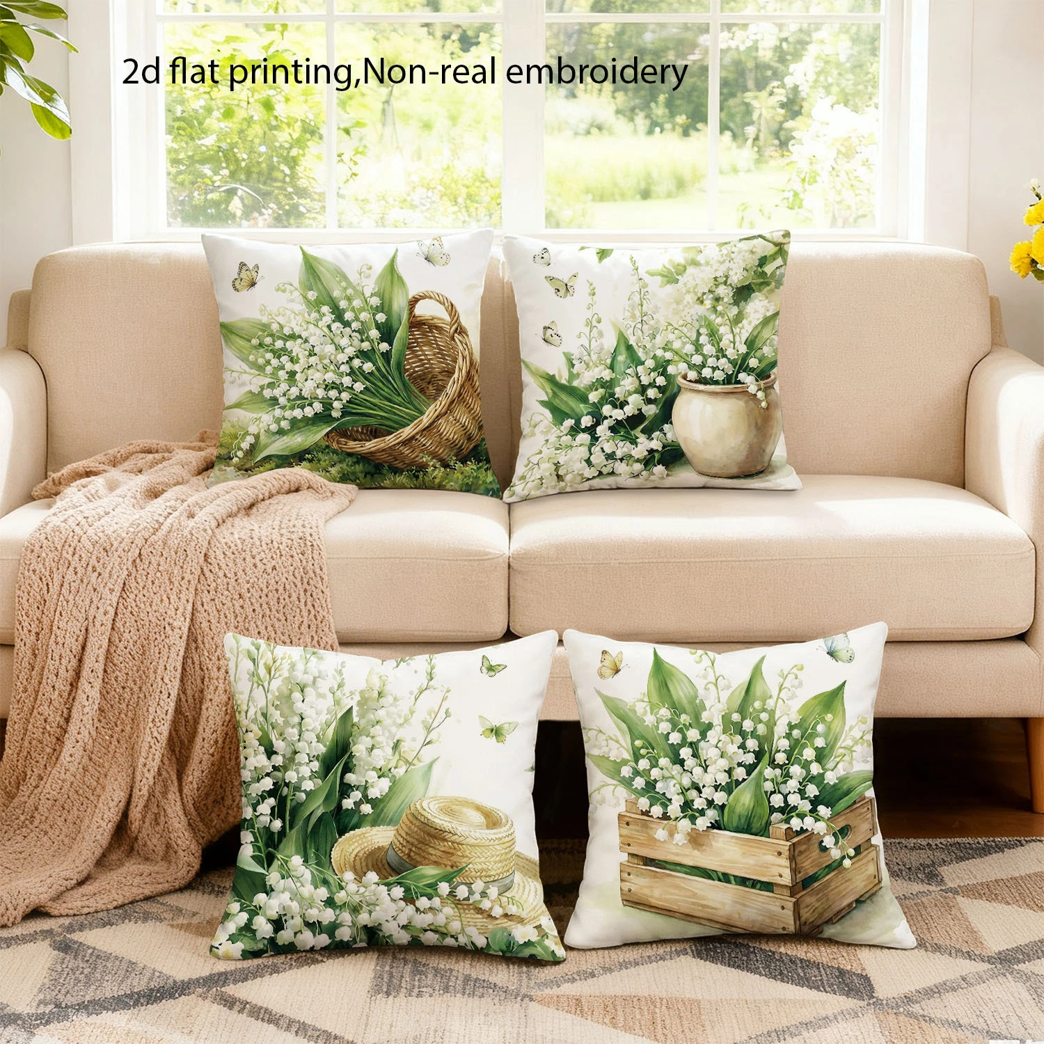 1PC 2D Flat Watercolor Lily of the Valley Throw Pillow Covers Floral Farmhouse Decorative Cushion Cases for Home No Pillow Core