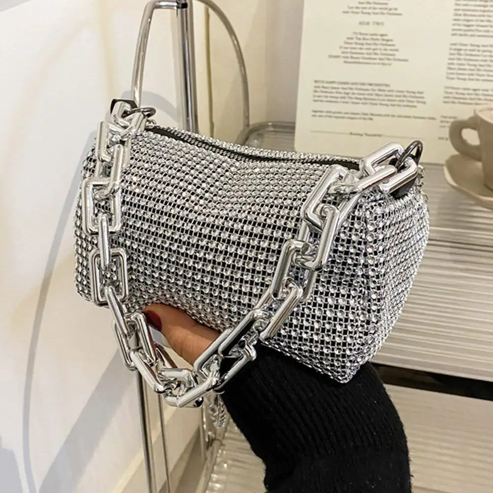 

Sparkling Rhinestone Chain Shoulder Bag for Women, Y2K Bling Cylinder Crossbody Handbag, Thick Chain Evening Clutch Purse