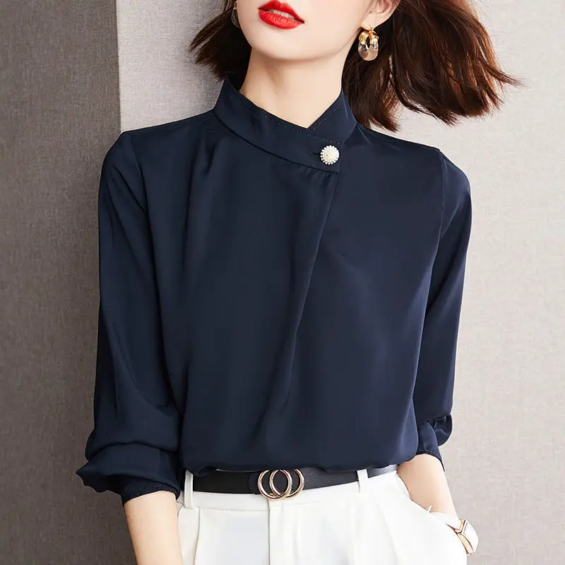 Spring Autumn Elegant Fashion Stand Collar Chiffon Shirt Female 3/4 Sleeve Casual Bottomed Blouse Women Solid Color Pullover Top