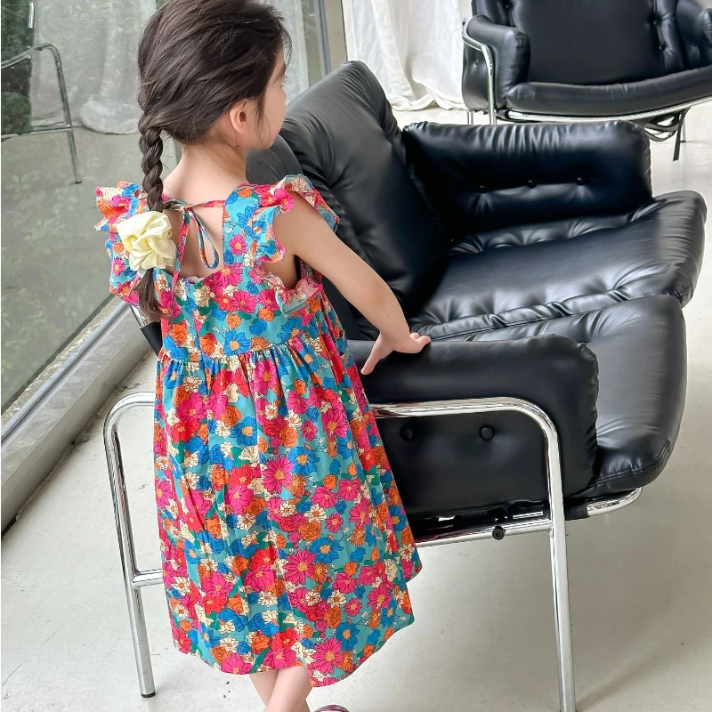 Girls Flower Dress 2024 Summer  2 3 4 5 6 7 Years Sweet Print Pleated Dress Cute Flying Sleeve Baby Dresses Children's Clothing