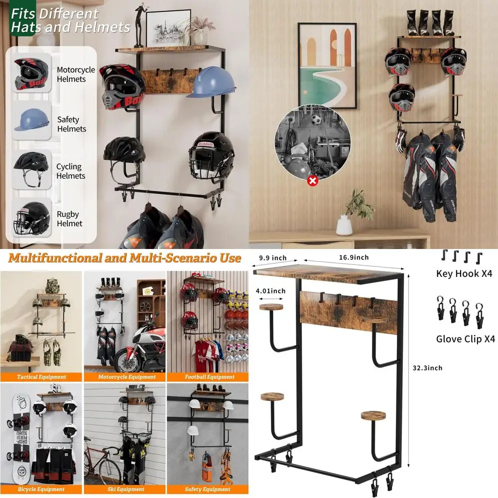 

Motorcycle Helmet Holder Wall-Mounted Helmet Rack with 4 Glove Chips& Hooks - Rustic Bike Helmets Storage Organizer, Unil Wall M