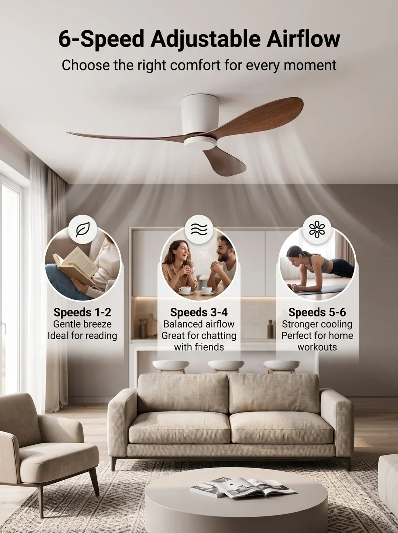42/52 inch Low Floor Ceiling Fan  6 - Speed Silent DC Inverter Motor Ceiling Fans for Living/Dining Areas, Home & Office
