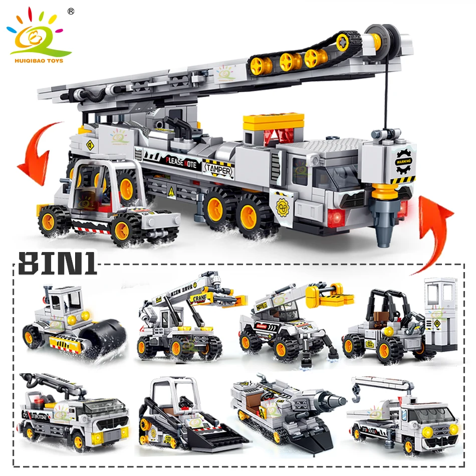 HUIQIBAO 8IN1 993PCS Snow Rescue Vehicle Building Blocks Crane Snowcrawler Wrecker Bricks City Construction Toy for Children Boy