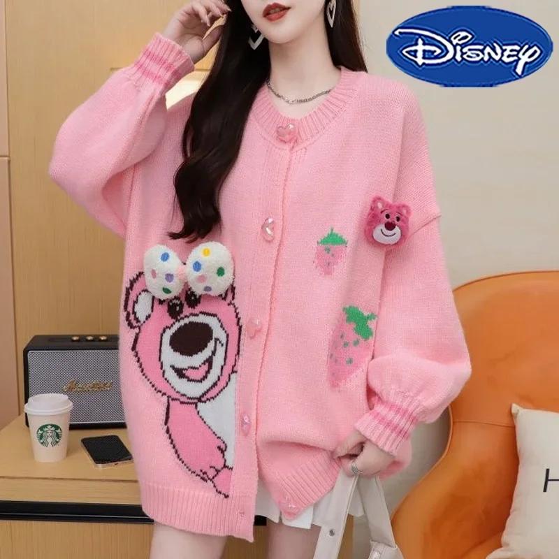 Disney Lotso Knitted Cardigan Cartoon Cute Japanese Style Woman's Knitted Coat Autumn Winter Loose Wild Thicken JK Lolita Tops