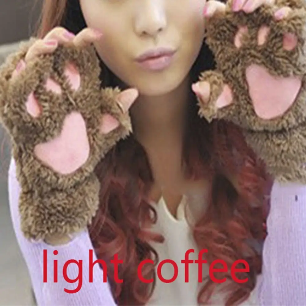 Cute Mittens Brand New Warm Fluffy Plush Multi-color Cat Soft Bear Paw Winter Fingerless Gloves