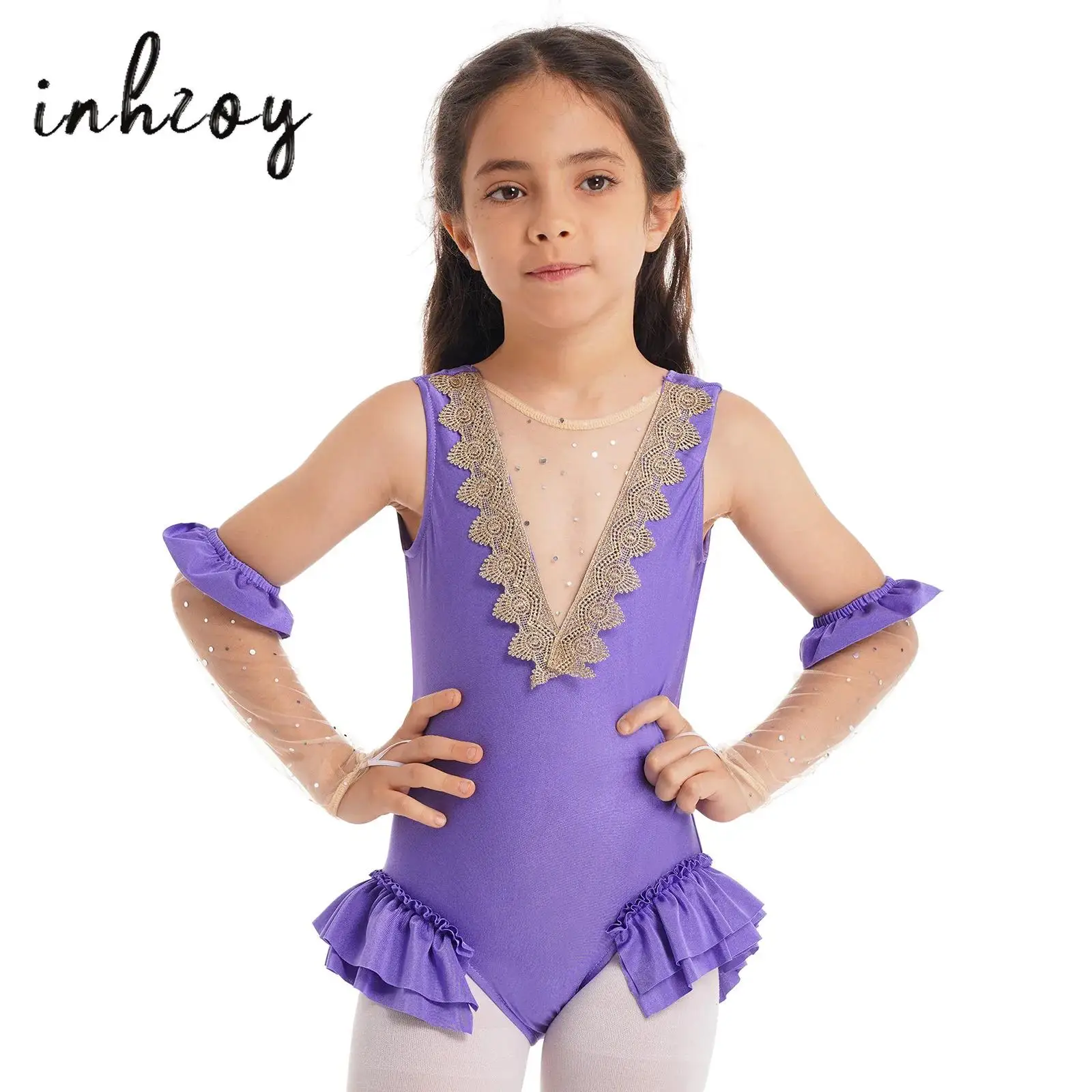 

Kids Girls Showman Costume Outfit Halloween Circus Cosplay Jumpsuit Sleeveless Mesh Splice V-Shape Back Leotard with Arm Sleeves