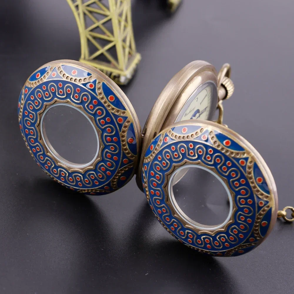 Cronografo vintage in bronzo con luna, orologi da tasca meccanici per uomo, collana, catena, regali, orologio a carica manuale