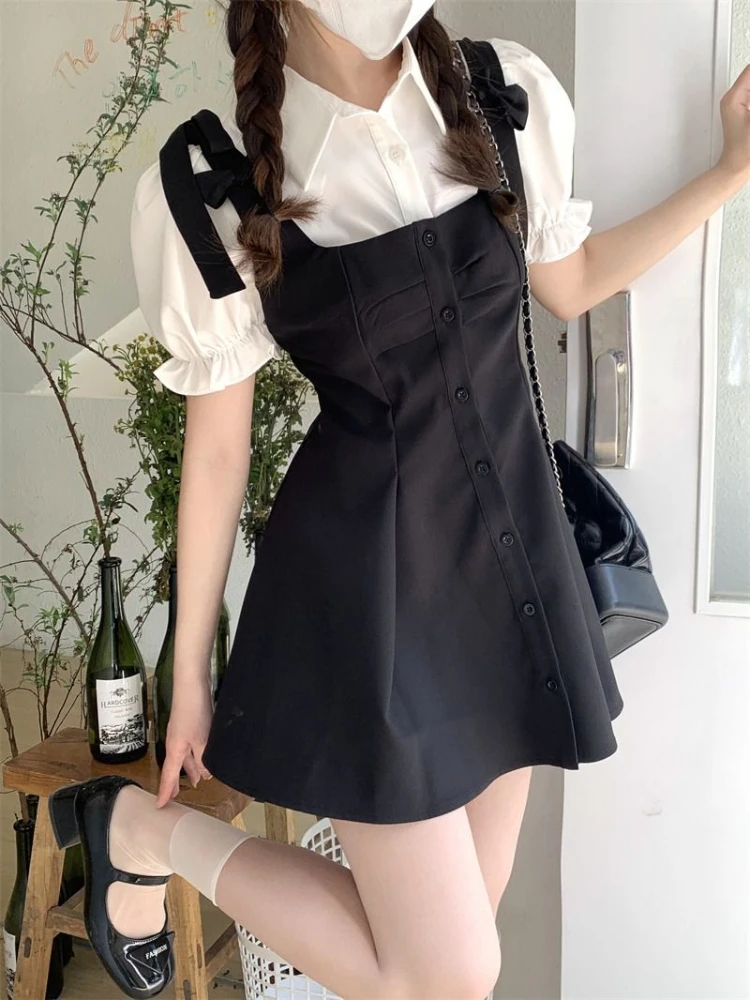 2024 Kawaii Preppy Style Suit Black Slip Dress White Blouse Spring Sweet Korean Fashion Femle Outfit Women Elegant Two Pieces