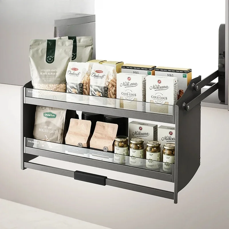 

HIGOLD Pull Down Kitchen Hanging Cabinet Lifting Shelf Tempered Glass Design Bowl Double Spice Basket