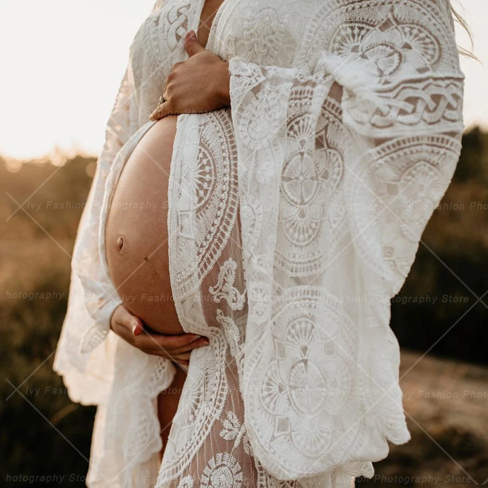 Vestidos de fotografía de maternidad Estilo bohemio vestido de Baby Shower sesión de fotos bohemia vestido de embarazo bata de manga acampanada de encaje