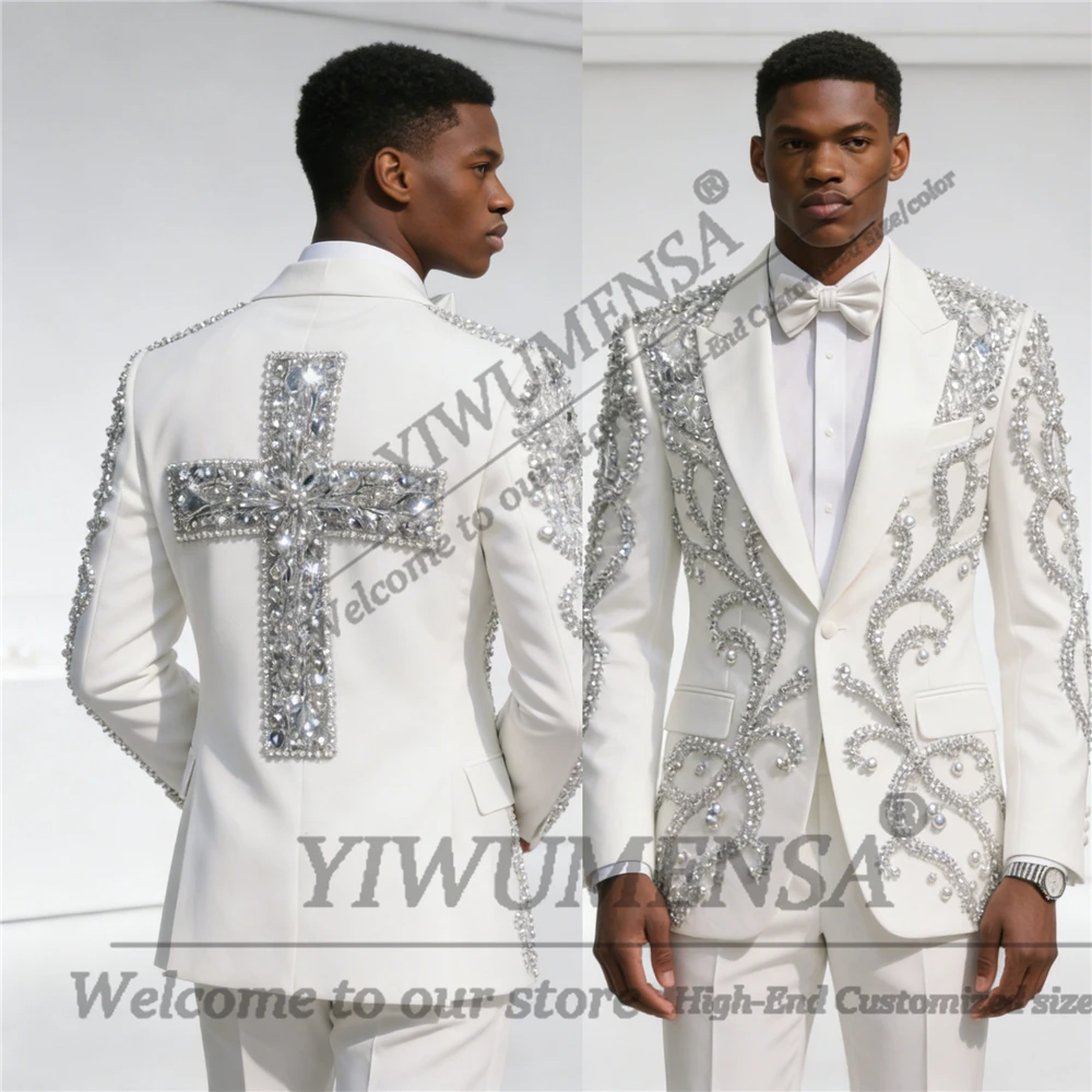

Unique Design Beaded Crystals Suit Men Peaked Label Prom Blazers Toursers 2 Piece Set Groom Wedding Tuxedos Banquet Outfits 2026