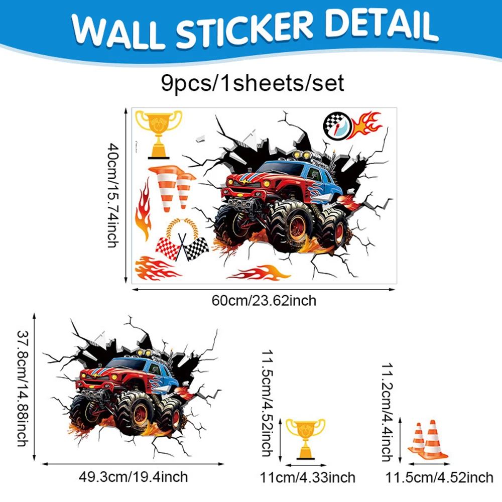 3D Racing Car Wall Decals for Kids Room Monster Truck Break Through Wall Sticker Peel Decal for Baby Boys Bedroom Playroom Decor view 4