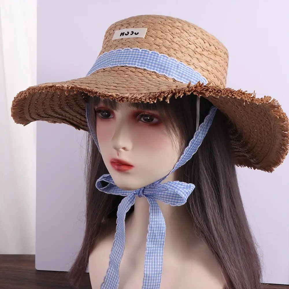 Lace-up Straw Weave Sun Hat Letter Wide Brime Summer Sunscreen Bucket Hat Sun Protection Outdoor Travel Cap