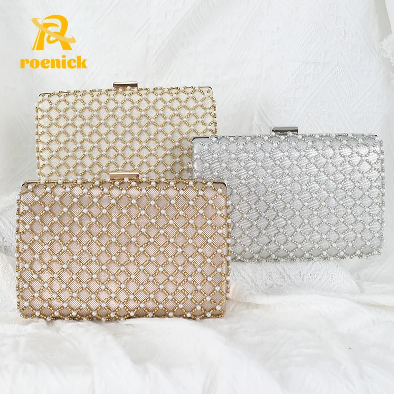 

ROENICK Women Beaded Evening Bags Banquet Dinner Silver Clutch Designer Shoulder Crossbody Handbags Purses Luxury Party Purses