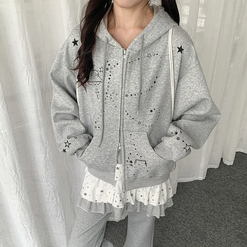 เสื้อฮู้ดดี้ลายการ์ตูนกระต่ายน่ารักสไตล์ Y2K สำหรับผู้หญิง แจ็คเก็ตคาร์ดิแกนแบบหลวมมีซิปสำหรับฤดูใบไม้ร่วง