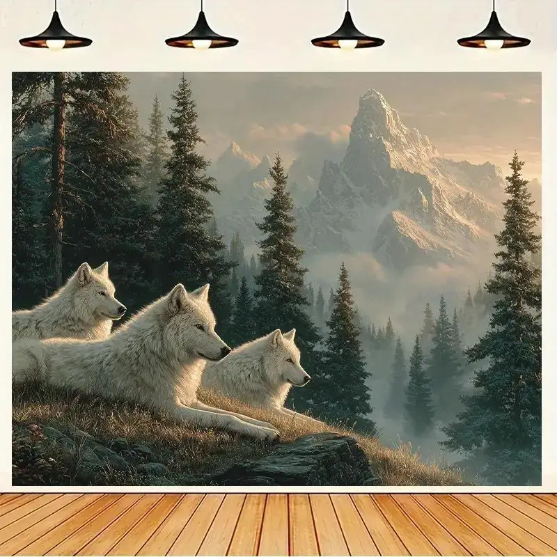 1 Extra Large Wolf Pack Forest Tapestry - HD Digital Print Wall Art with Three Wolves, Snow-Capped Mountains & Pine Trees - Dura