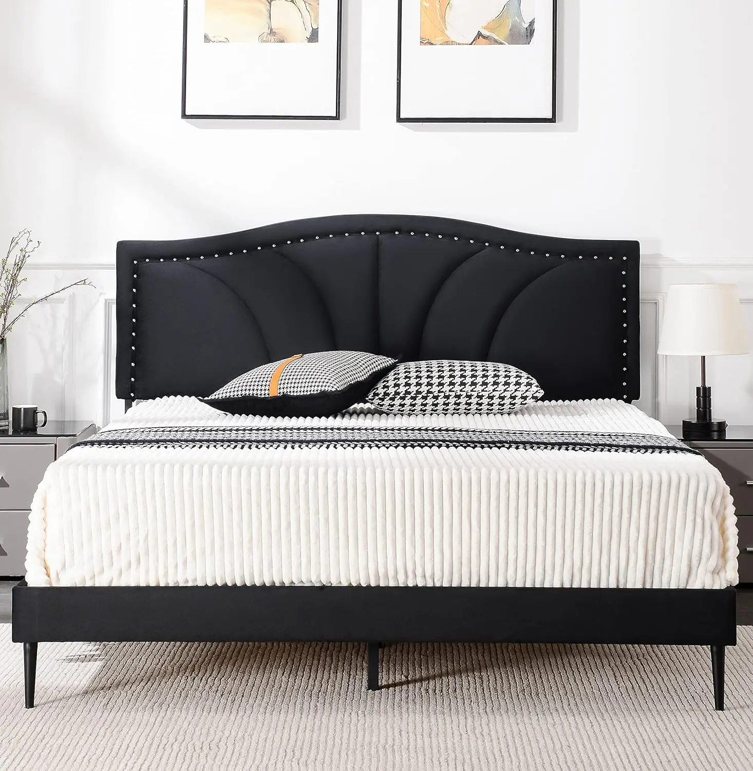 

Velvet Upholstered Platform Bed Frame with Decorative Flower Line & Nailhead Trim Headboard with Wood Slat Support