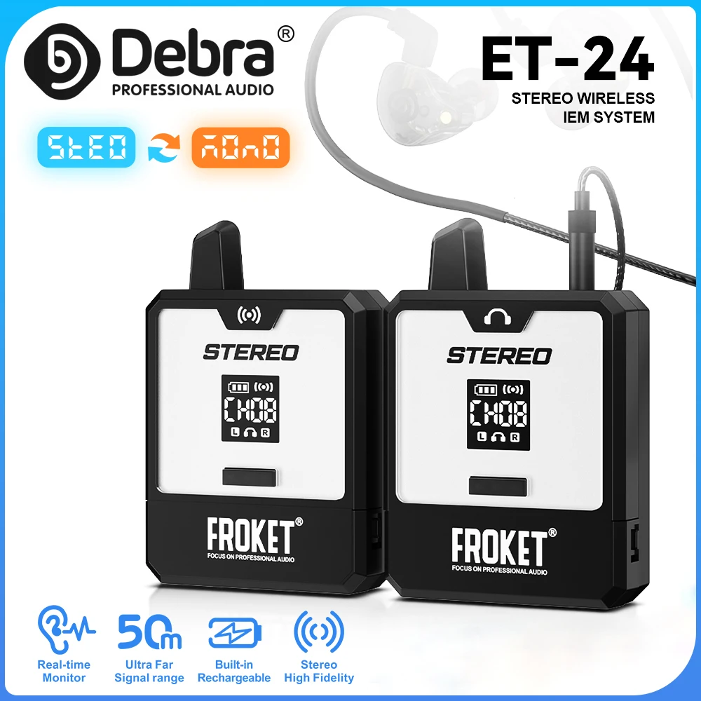 

Debra ET-24 Wireless In-Ear Monitoring System, Stereo/Mono Switching, 2.4G Digital Signal Transmission, for Stage Performances