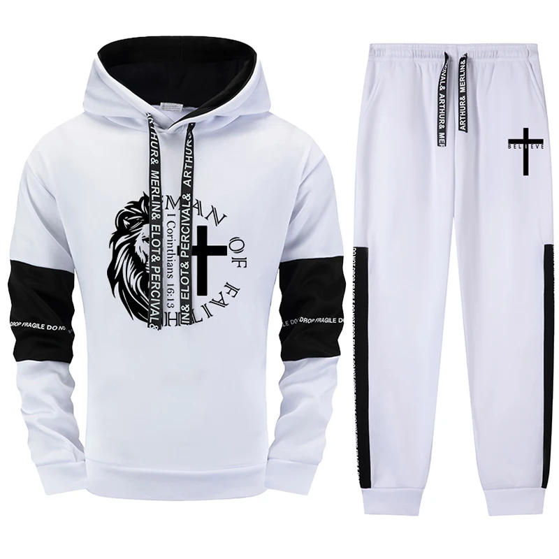 Men's Street Style Tracksuit 2025 Man of Faith Graphic Print Hoodie and Jogger Pants Urban Casual Outfit Fall Winter Sports Suit