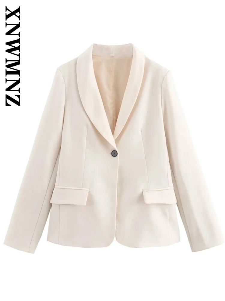 XNWMNZ Vrouw 2024 Herfst Mode Lange Mouw Effen Kleur Blazer Jas Vrouwelijke Casual Notched Kraag Een Knoppen Zakken Top Jas