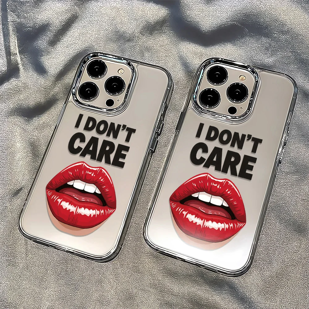 

INS I DONT CARE Red Lip Print Phone Case For iPhone 17e 17 16e 16 15 14 13 12 11 mini Pro Max X XR XSMAX Air Plus Transparent