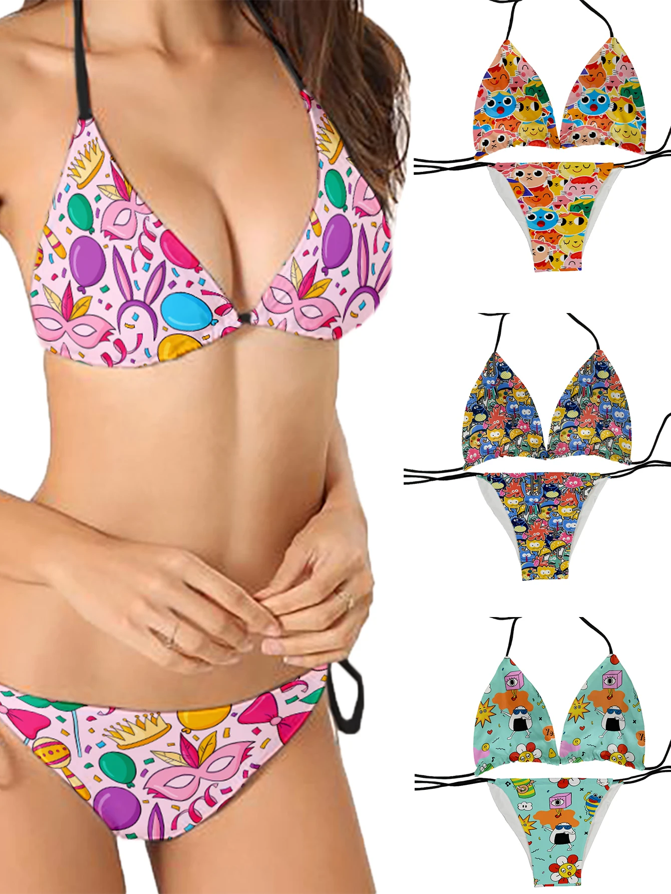 

Very cute Kawaii women's bikini set 3d printed cute cartoon pattern swimsuit split deep V sexy beach vacation surfing swimsuit