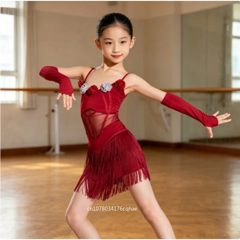 

Girls Fringe Latin Ballroom Dance Dress Kids Tassel Costume Rumba Cha Cha Samba Tango Competition Practice Wear Dancewear
