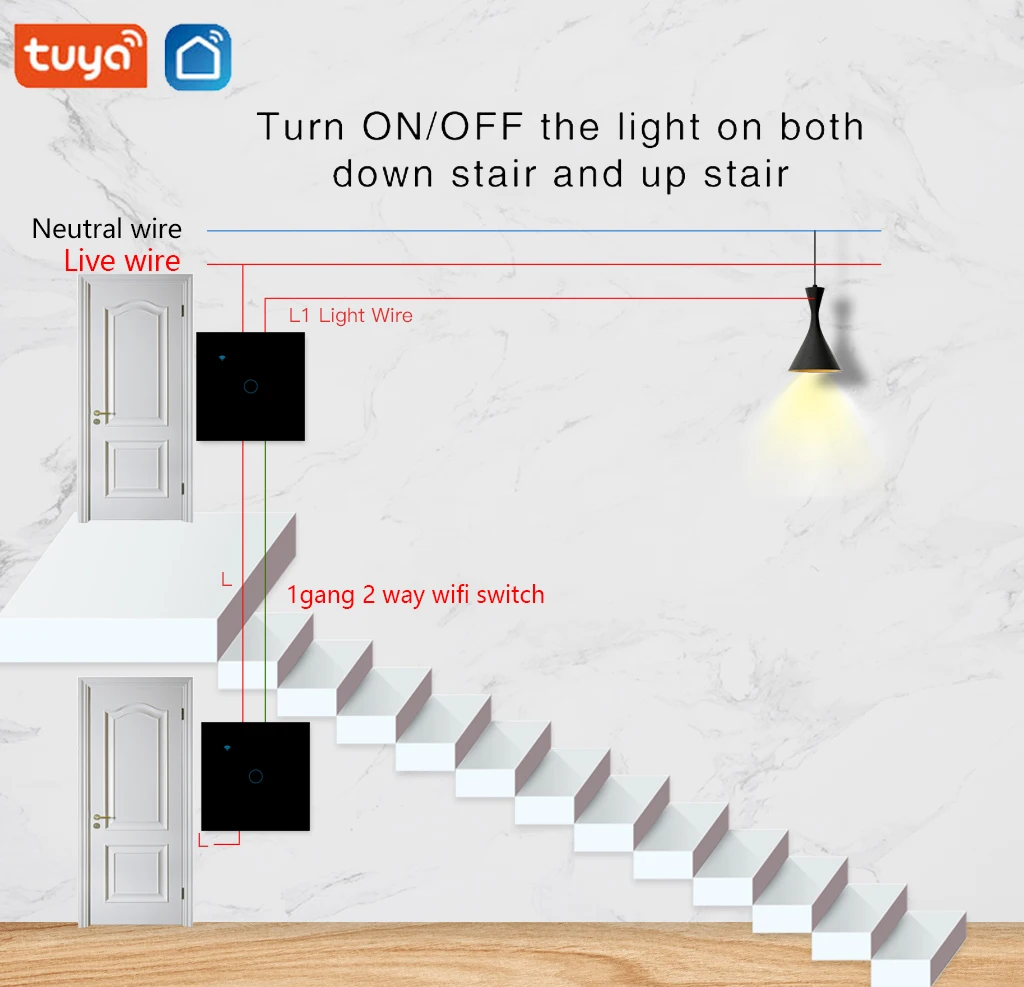 UBARO EU Tuya Wifi Stair Touch Switch Glass Panel Multi Sensor Button Alexa Voice Control Smart House Cross Switch 1 Gang 2 Way