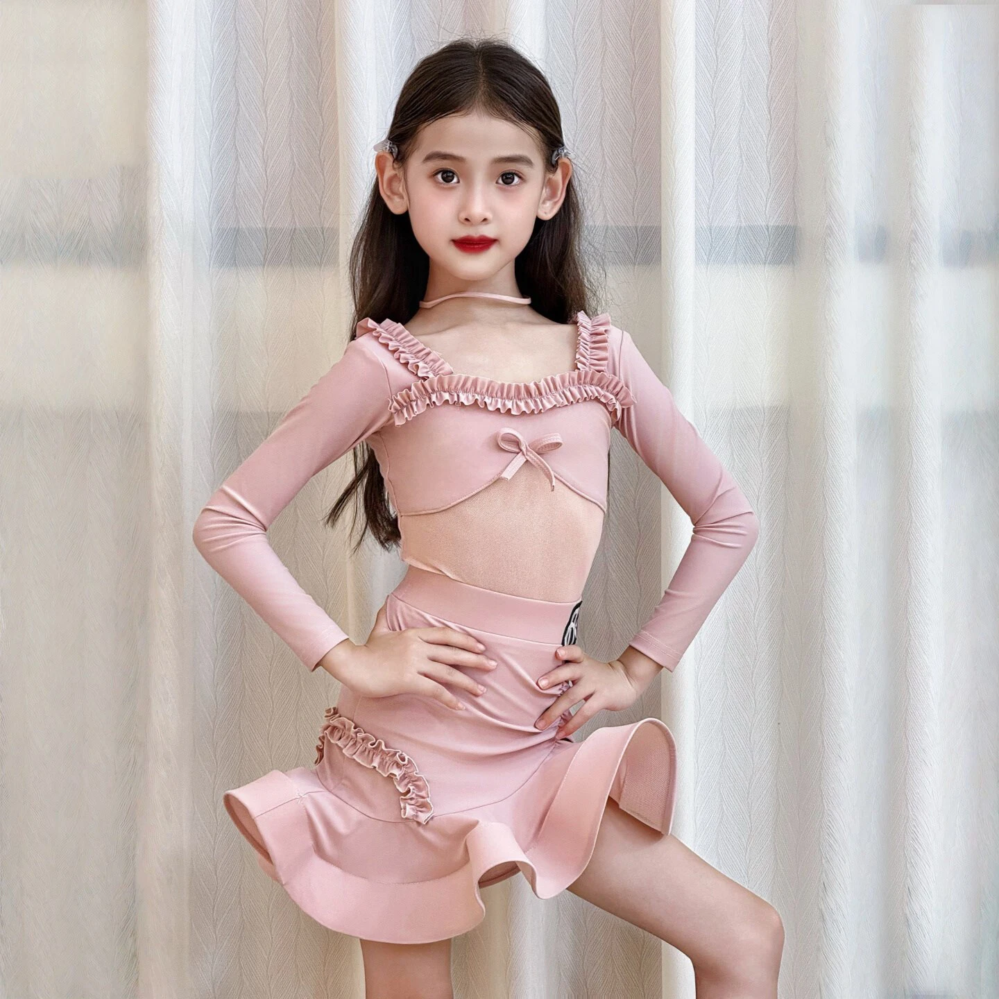 Strój do tańca latynoamerykańskiego dla dzieci, długi rękaw, wiosna i jesień, sukienka do tańca dla dziewczynki, chacha, lumba, samba, kostium na występy.