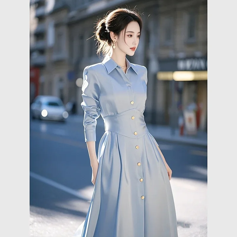 الأزرق مكتب سيدة فستان ستان الربيع الفرنسية أنيقة التلبيب عالية الخصر واحدة الصدر ألف خط فساتين النساء فستان ميدي رسمي