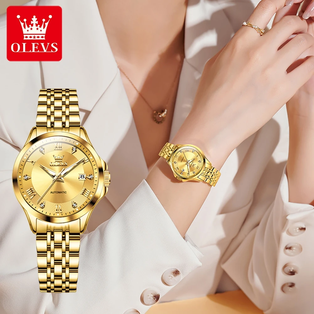 OLEVS Women\'s Mechanical Watch Stainless Steel Strap Dual Calendar Luxury Ladies Wristwatch Original Automatic Watches for Women