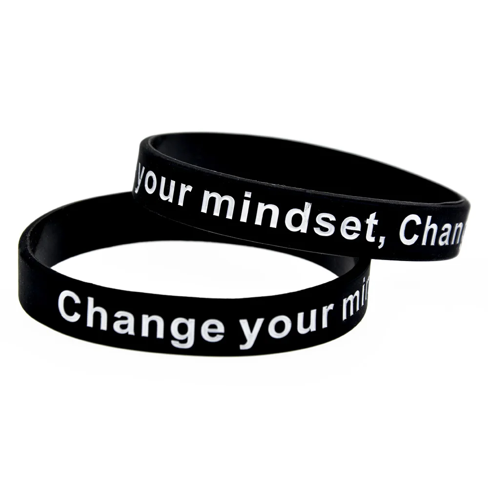 50 Pcs Change Your Mind Set Change Your Life Silicone Wristband 1/2 Inch Wide Sport Bracelet Motivational Bangle Black