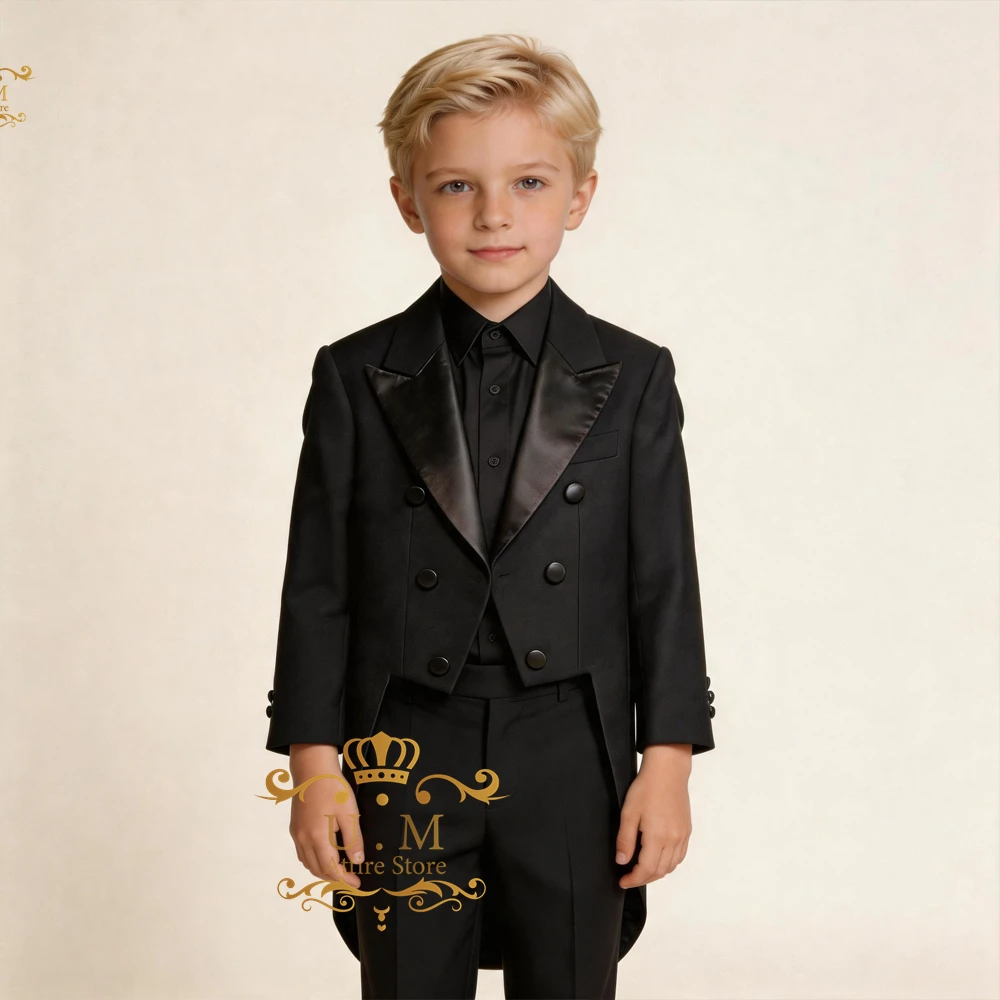 Elegant Boys' Black 2-Piece Tailcoat Suit Slim-Fit Long Jacket Pants Custom Set for Wedding Pageboy Children's Party Clothes