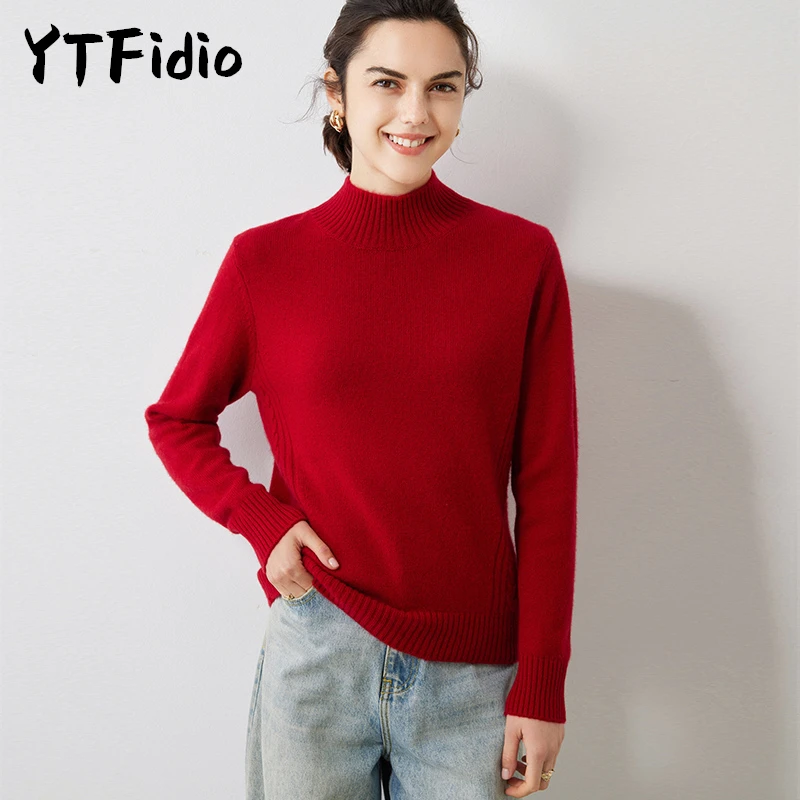 YTFidio 100% Cashmere Women Side Fried Dough Twists Half High Collar Turtleneck Warm Soft  Girls Turtleneck Pullover  17