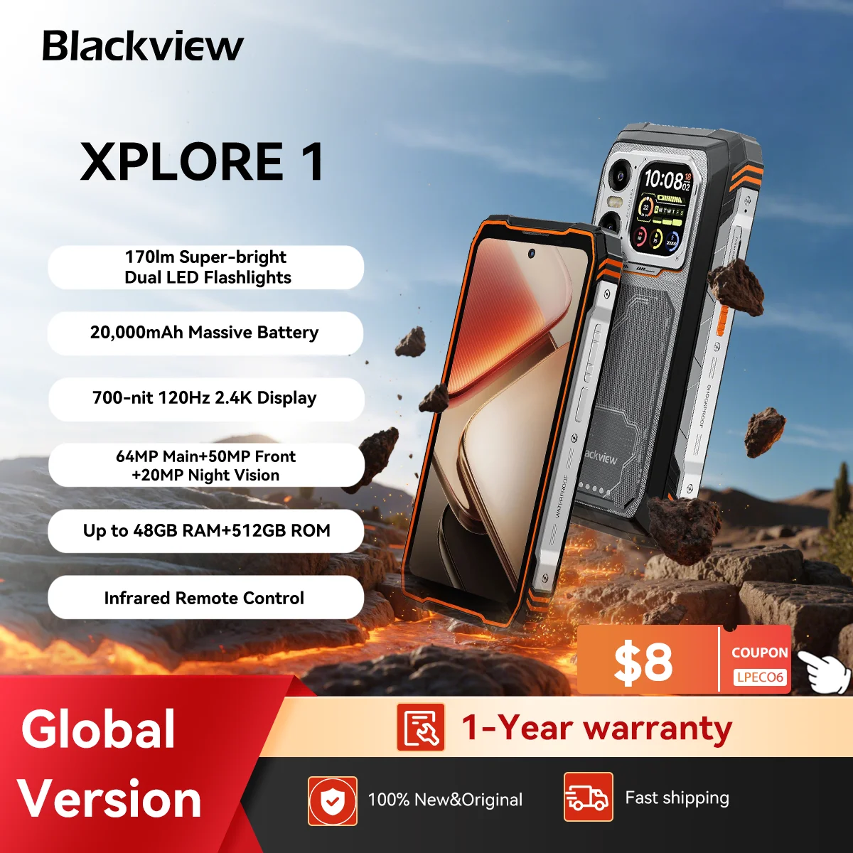 Blackview XPLORE 1 Outdoor Mobile Phone, 5G Waterproof Rugged Smartphone Android 15, 6.78'' 2.4K Display, 16GB+512GB, 20000mAh