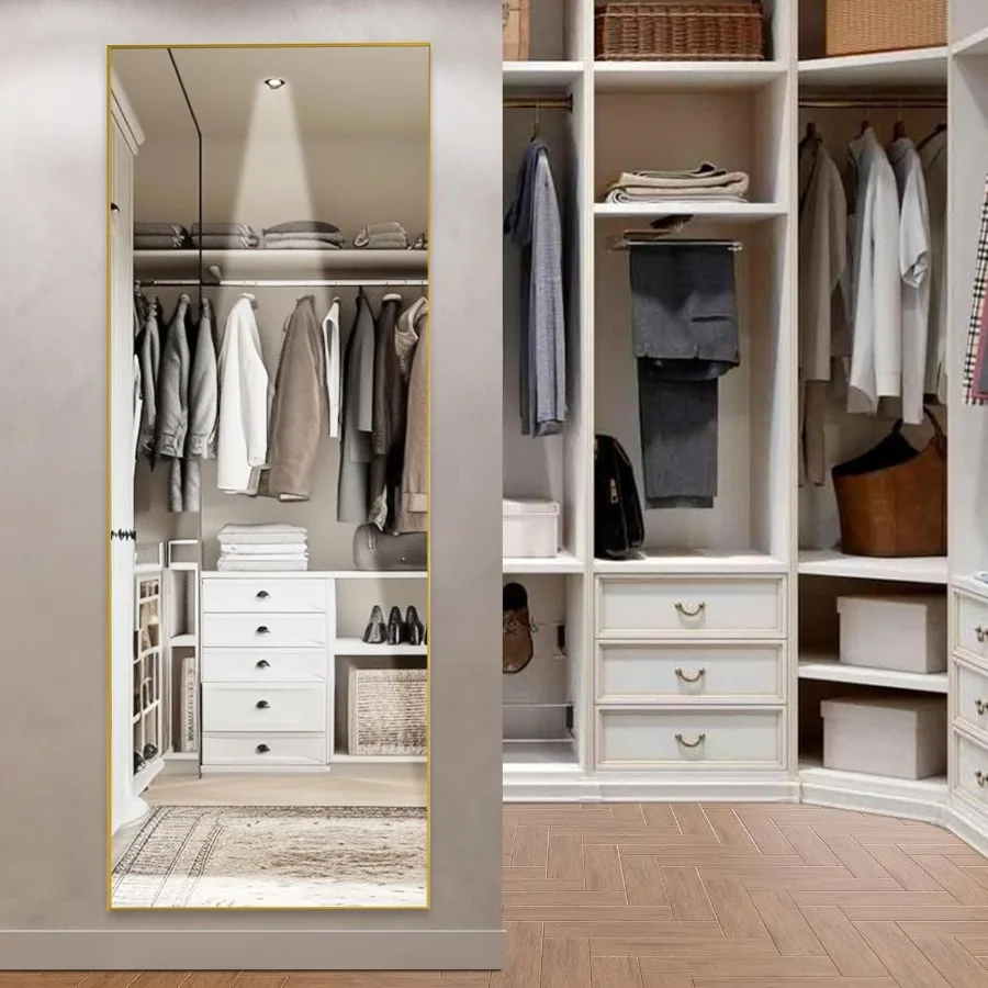 Cermin panjang penuh 64.1x21.5 untuk kamar tidur dan ruang tamu, cermin tubuh penuh dengan dudukan, rangka tipis dari paduan aluminium dengan lapisan emas.