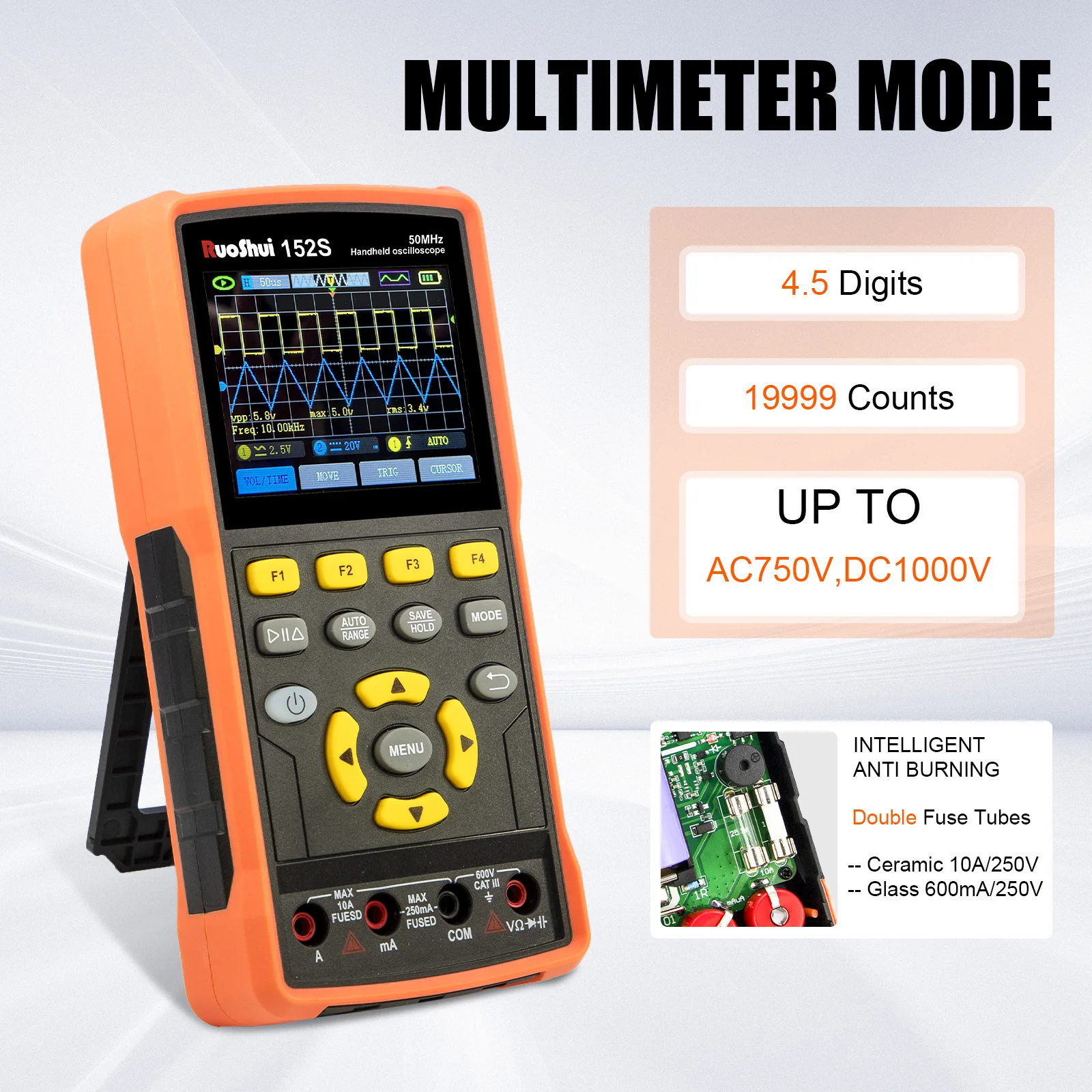Digital Oscilloscope Multimeter DDS Generator 3IN1 Handheld Oscilloscope, 50MHz Bandwidth, 200MS/s Sampling Rate, 19999 Counts
