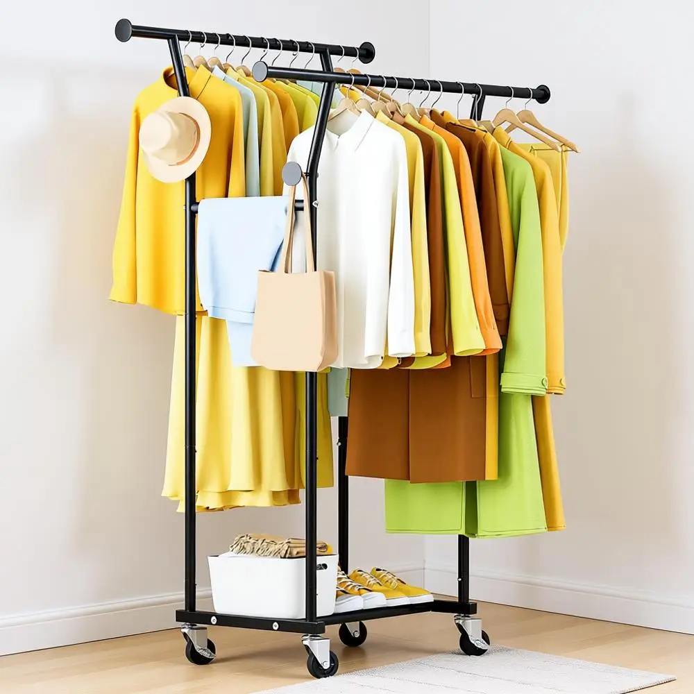 Double Rods Clothes Rack, Rolling Clothing Rack with Wheels, Metal Clothing Racks, Portable Garment Rack, Sturdy Closet Rack, Tr