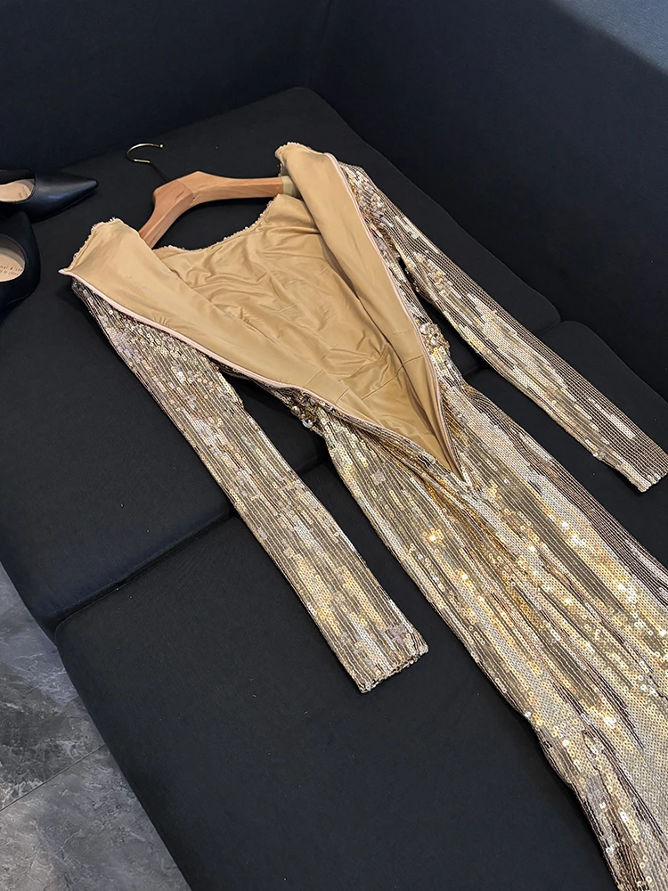 Golden Long Paillettes Dr Embelli avec Diamo Heavy Work Commute Sle T-shirt taille moyenne en fibre d'acétate 2025 Winter New Arr...