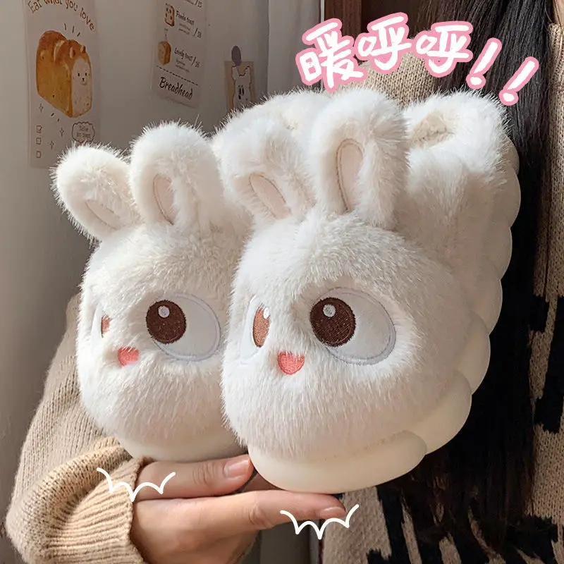 

New white bunny slippers woman cute indoor shoes women rabbit ear furry slides winter home shoes ladies comfort fluffy slippers