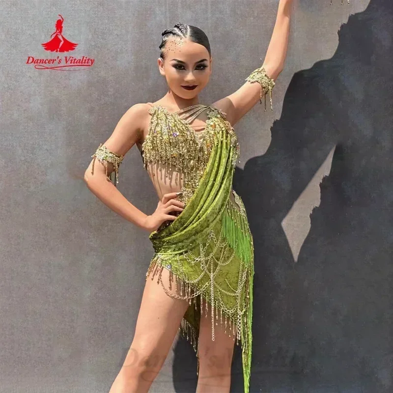 Latin Dance Dresses Customized High-end Luxury Rhinestone Tassel Dress for Adults and Children Tango Samba Competition Clothing