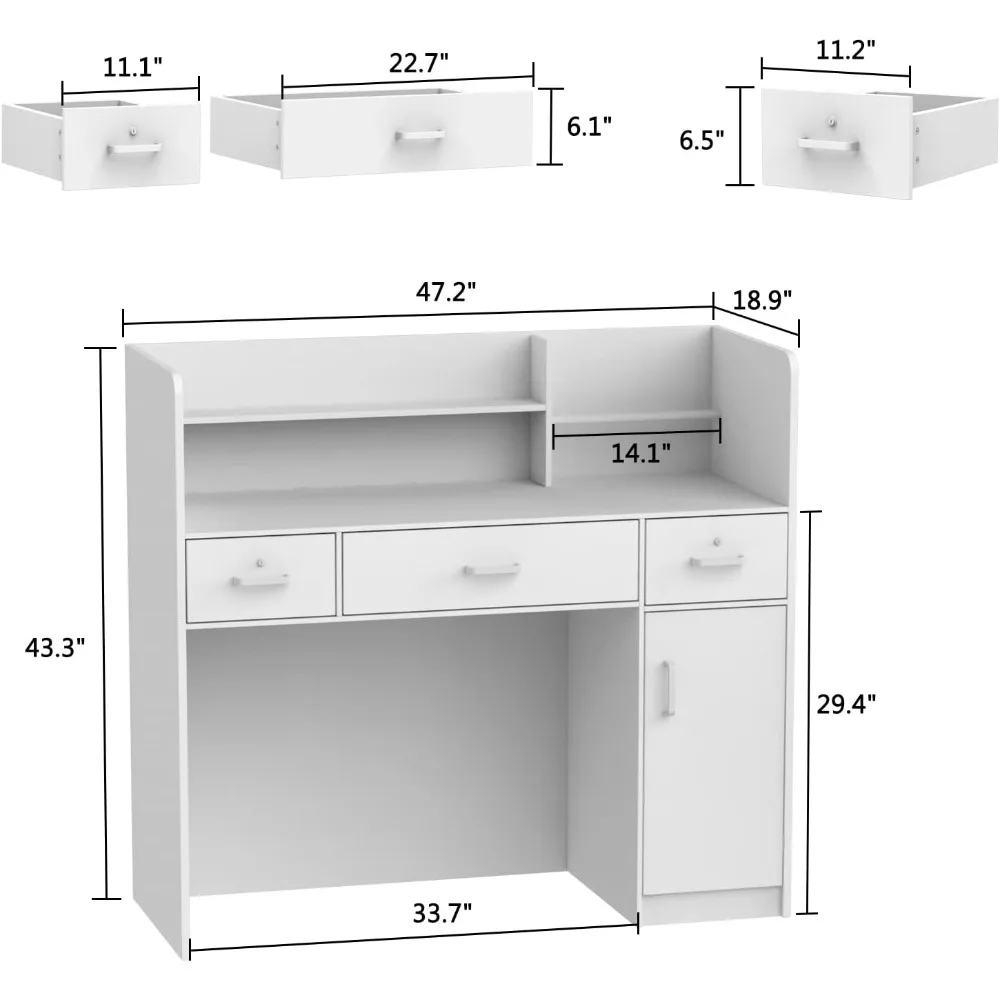 Salon Reception Desk with Drawers and Storage Shelves, Table with Privacy Panels, Black