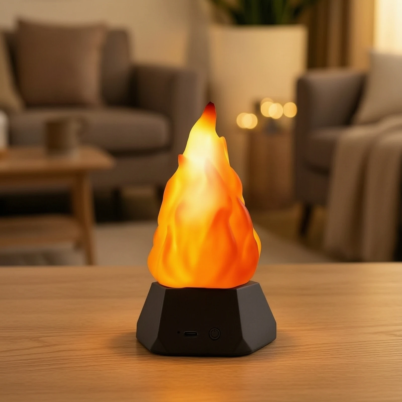 Flame Night Light Geometric Flame Effect Light LED Lamp with USB Port Compact Nightlight Rechargeable for Bedroom, Bedside Table