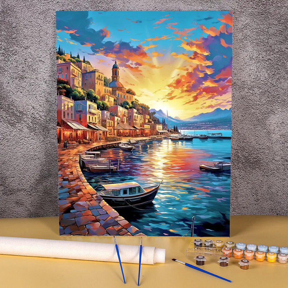 50x70cm Paint By Numbers For Adult Scenery DIY Oil Painting By Numbers On Canvas Number Painting Home Decor Sunset Seaside Town